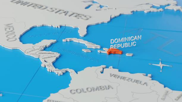 Dominican Republic highlighted on a white simplified 3D world map. Digital 3D render.