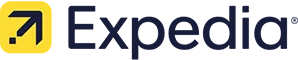 Expedia logo featuring a yellow icon and the word 'Expedia' in dark blue