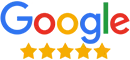 Google logo with five stars representing a high rating.