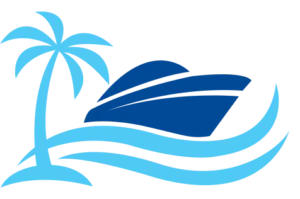 Illustration of a boat and palm tree with wavy lines representing water
