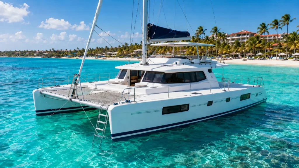 White catamaran on clear turquoise water near a palm lined Punta Cana beach and resort coastline.