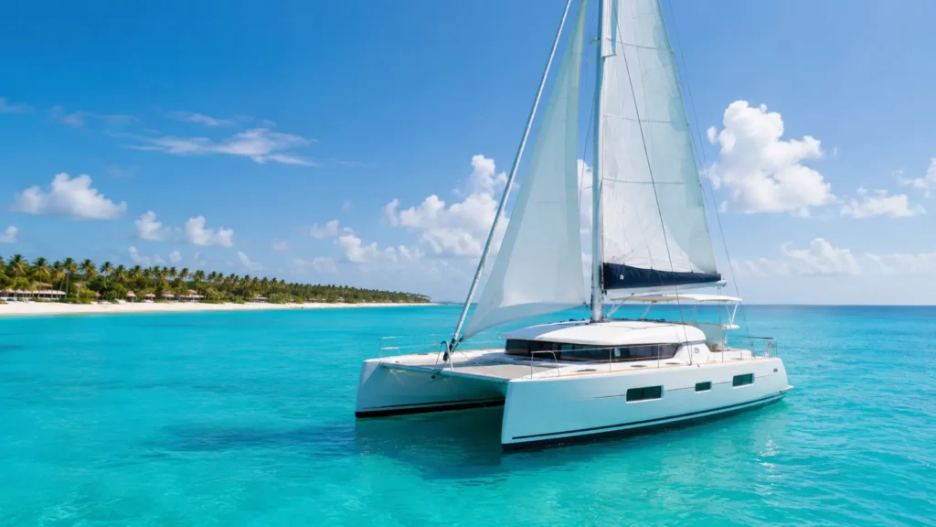 white catamaran sailing on turquoise Punta Cana waters near a tropical coastline