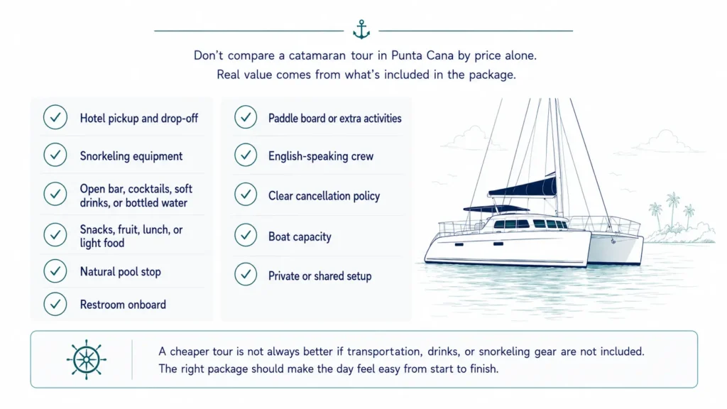 Checklist infographic showing what to check before booking a catamaran tour in Punta Cana