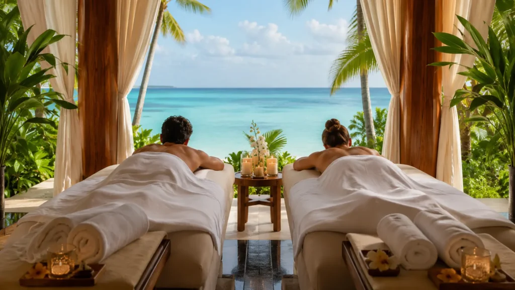 Couple relaxing on massage beds at a luxury oceanfront spa in Punta Cana with tropical greenery, candles, and turquoise sea views.