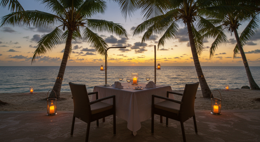 A romantic beachside dining setup with a sunset view and palm trees.