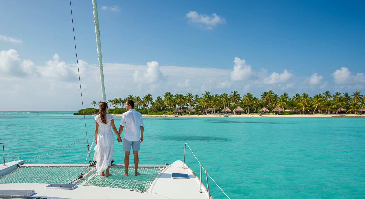 Romantic couple sailing on a catamaran Punta Cana Activities For Couples.