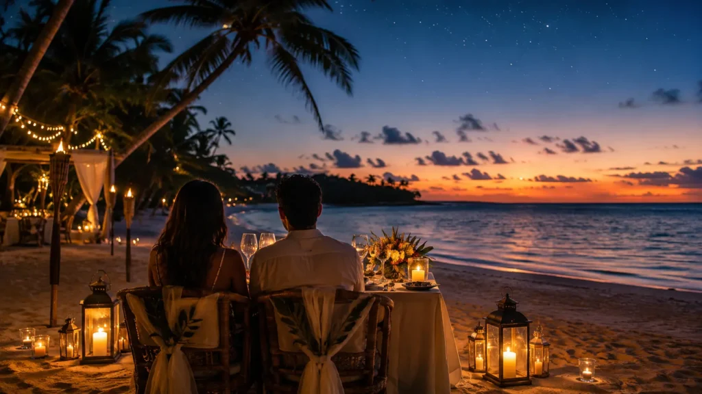 Couple enjoying a private candlelit beach dinner in Punta Cana at sunset with ocean views, lanterns, palm trees, and a starry sky.
