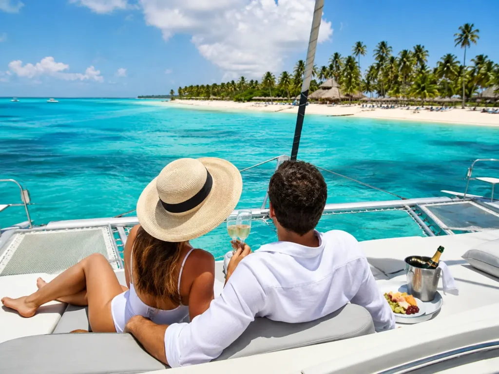 Couple relaxing on a private yacht in Punta Cana with champagne, turquoise Caribbean water, white sand beach, and palm trees in the background.