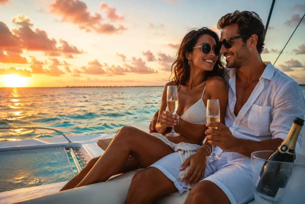 Romantic couple enjoying champagne on a private catamaran in Punta Cana at sunset with turquoise Caribbean waters and golden ocean views.
