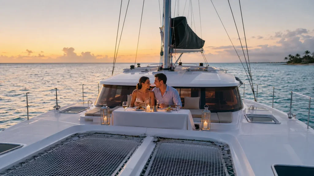 Couple enjoying a candlelit dinner on a private catamaran in Punta Cana at sunset with calm Caribbean waters in the background.