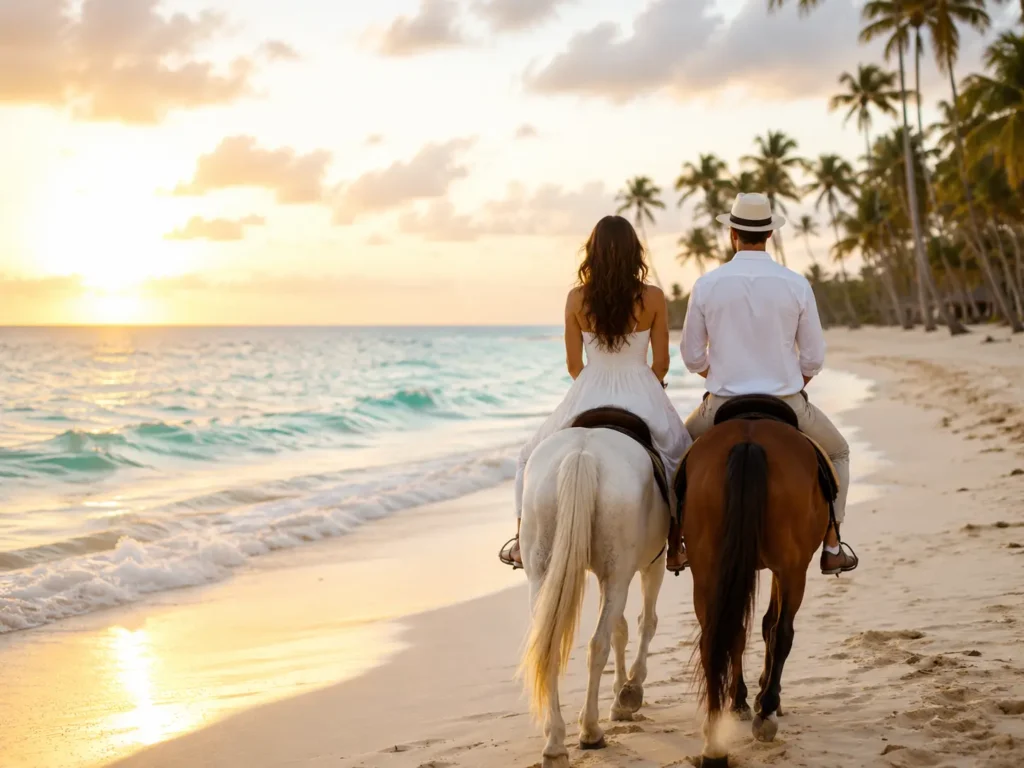 Couple riding horses along a Punta Cana beach at sunset with ocean waves, palm trees, soft sand, and a peaceful tropical view.