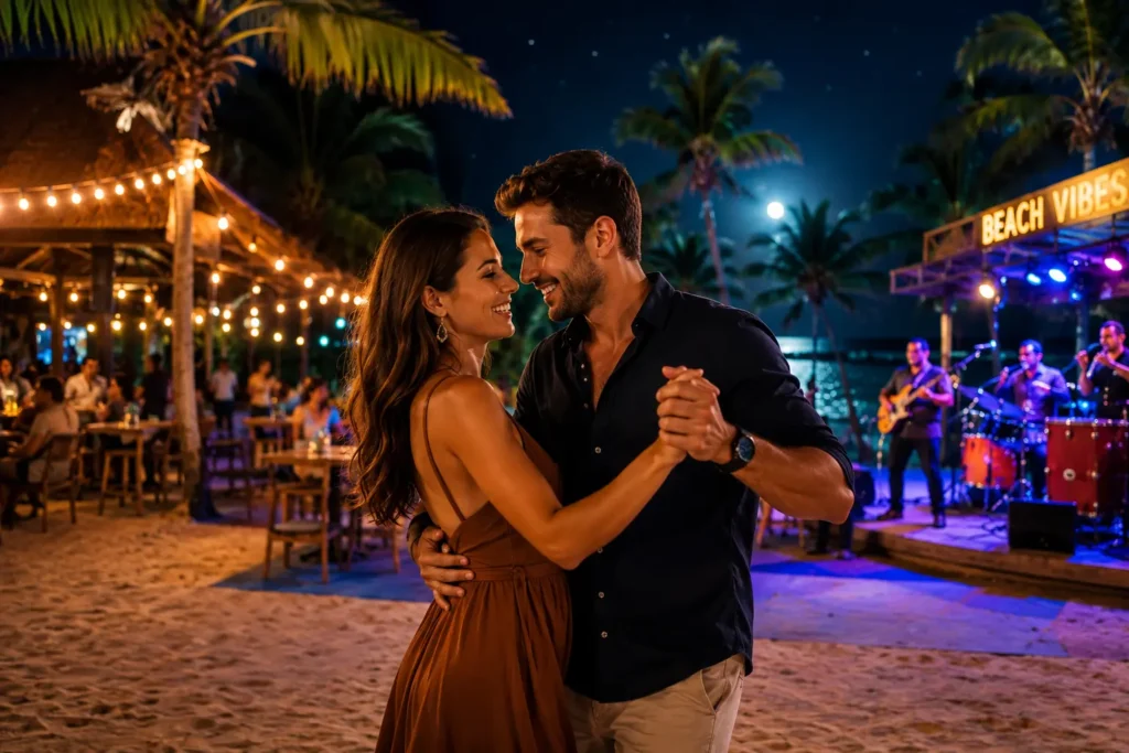 Couple dancing at a Punta Cana beach bar at night with live music, string lights, palm trees, ocean views, and a romantic tropical atmosphere.