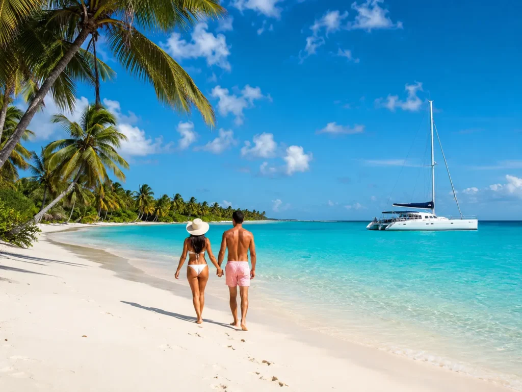 Couple walking on a white sand beach on Saona Island with turquoise Caribbean water, palm trees, and a catamaran in the background.