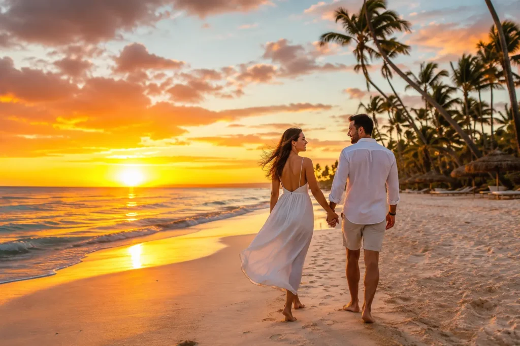 Couple walking hand in hand on Bavaro Beach in Punta Cana at sunset with golden sky, palm trees, soft sand, and ocean waves.