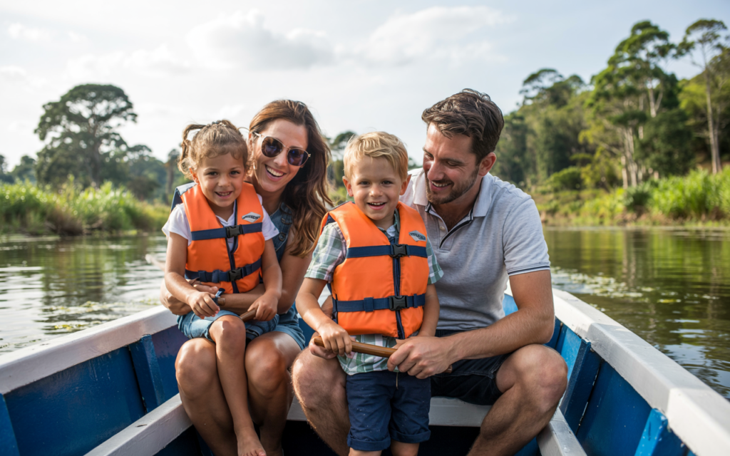 A family of four in a boat wearing life vests, smiling and enjoying a day on the water surrounded by lush greenery.