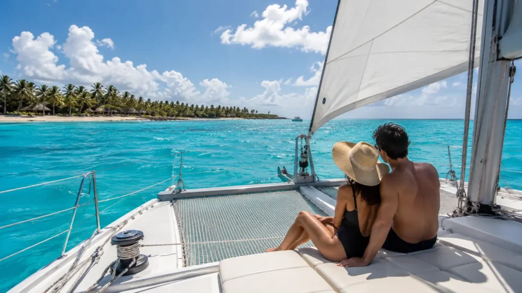 Couple relaxing on a catamaran in Punta Cana with turquoise Caribbean water and tropical coastline in the background.