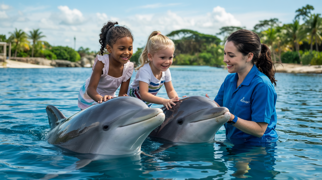  Two children interacting with dolphins alongside a trainer in clear blue water.