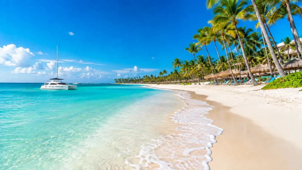 Scenic Bavaro Beach Punta Cana with turquoise Caribbean water, white sand, palm trees, beach loungers, and a catamaran sailing offshore.