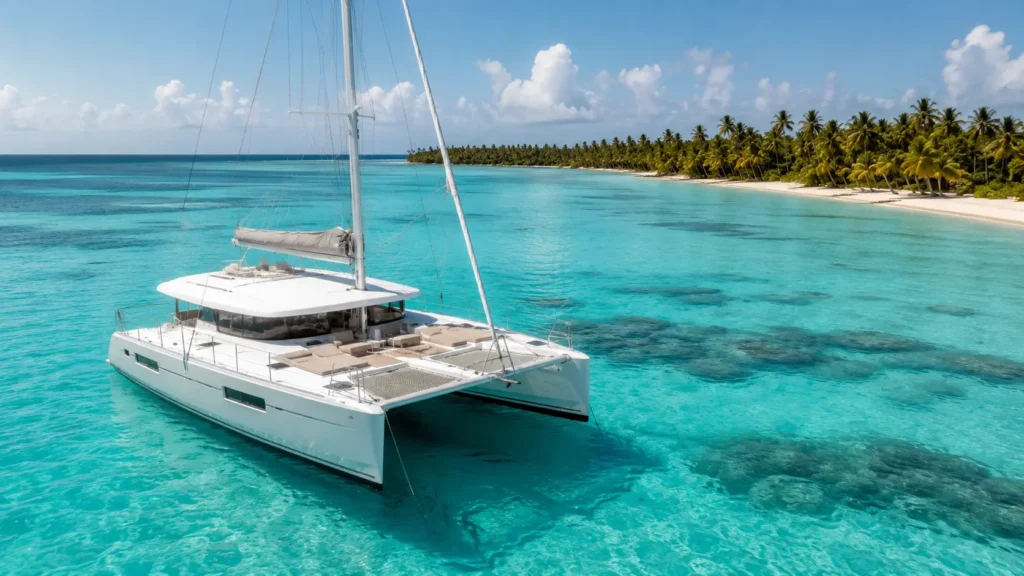 Private catamaran on turquoise water near Saona Island beach with palm trees and clear Caribbean views