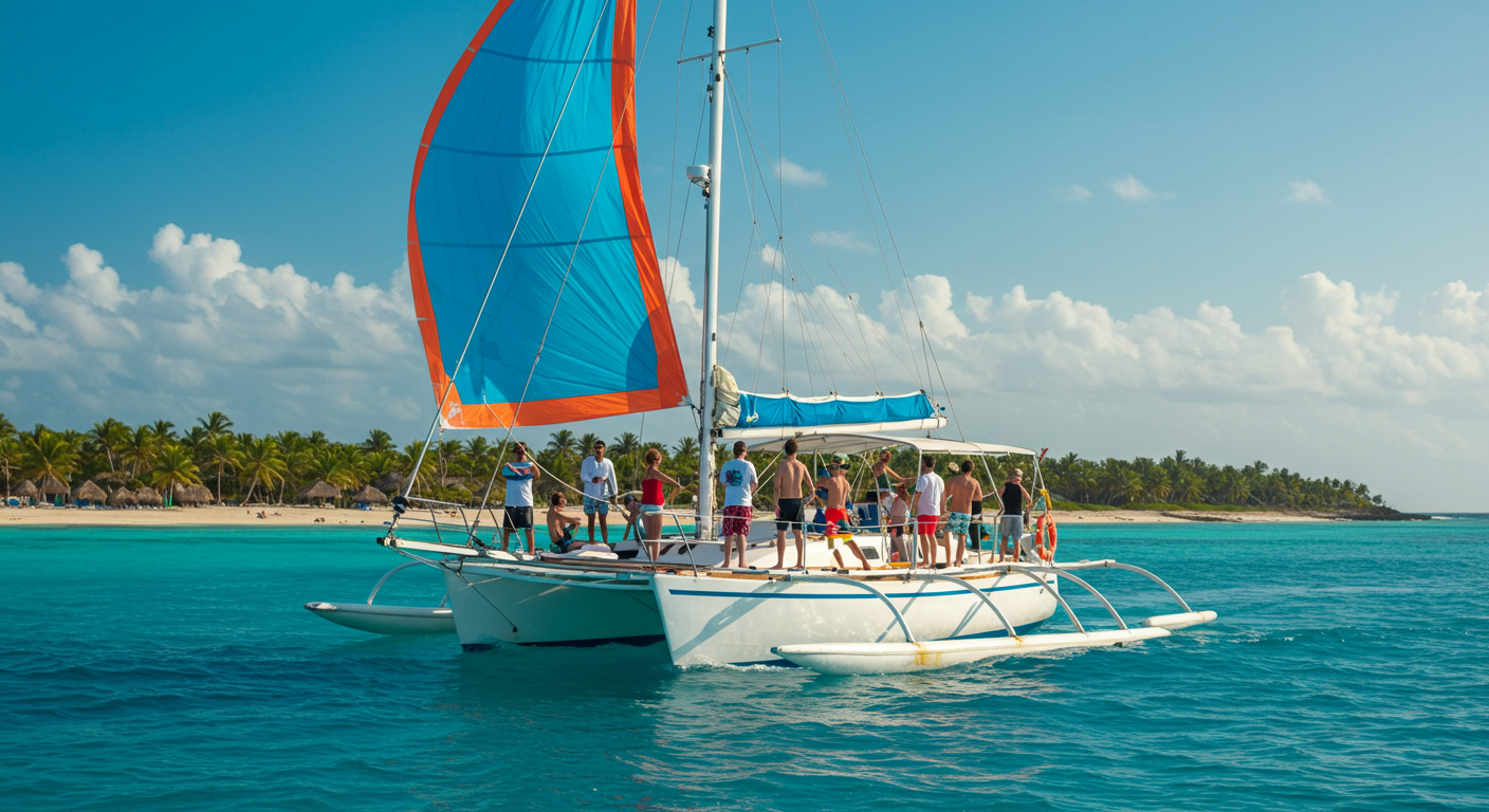 Catamaran sailing tour with tourists near Bavaro Punta Cana beach.