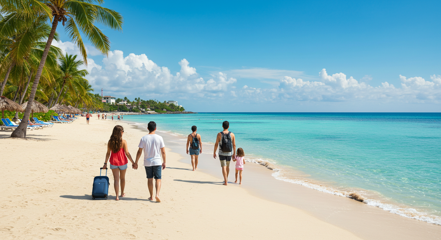Family enjoying a beach stroll on one of the safest Caribbean islands.