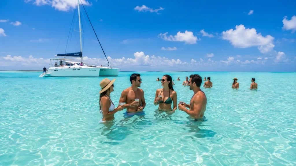 Travelers standing in clear waist-deep turquoise water at the Saona Island natural pool, with a catamaran in the background under a sunny Caribbean sky.