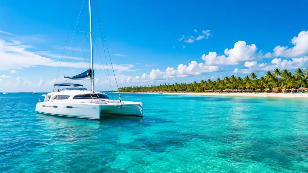 White catamaran on clear turquoise water near Bavaro Beach Punta Cana, with a palm-lined coastline, blue sky, and tropical Caribbean scenery.