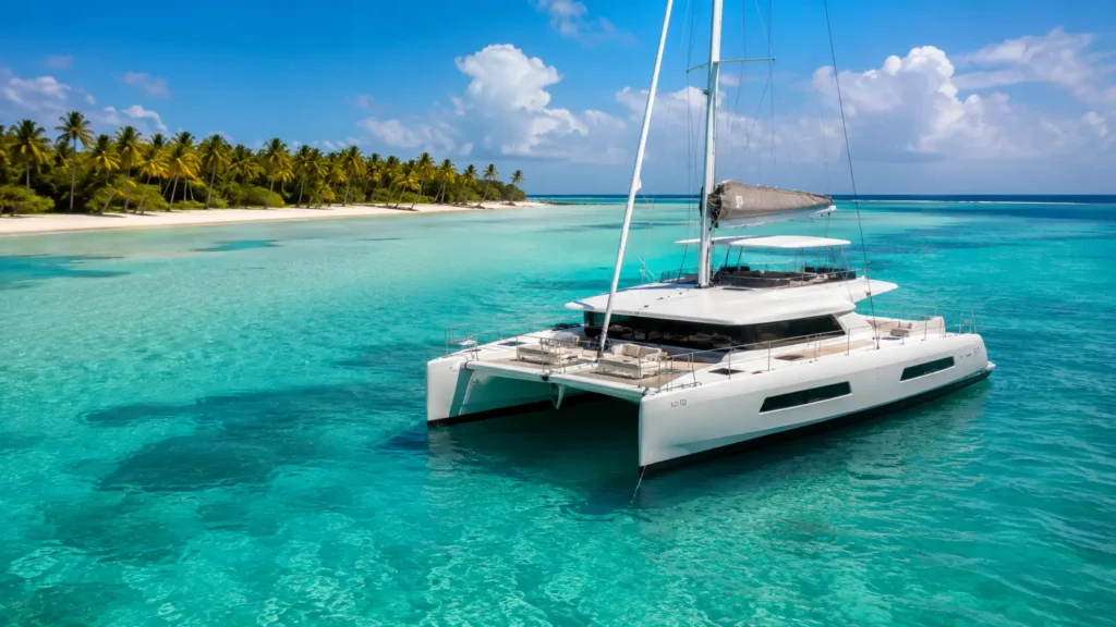 Luxury white catamaran on clear turquoise water near Saona Island, with a palm-lined beach, blue sky, and tropical Dominican Republic scenery.