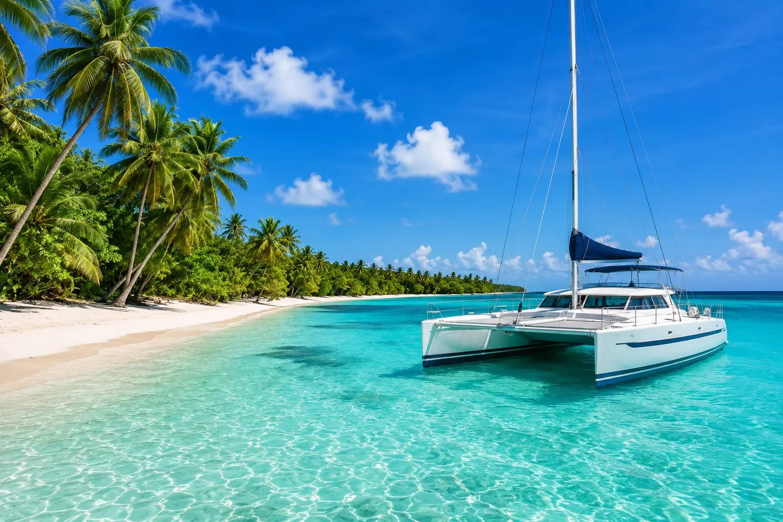 White catamaran sailing near Saona Island Dominican Republic with turquoise water, white sand beach, and palm trees