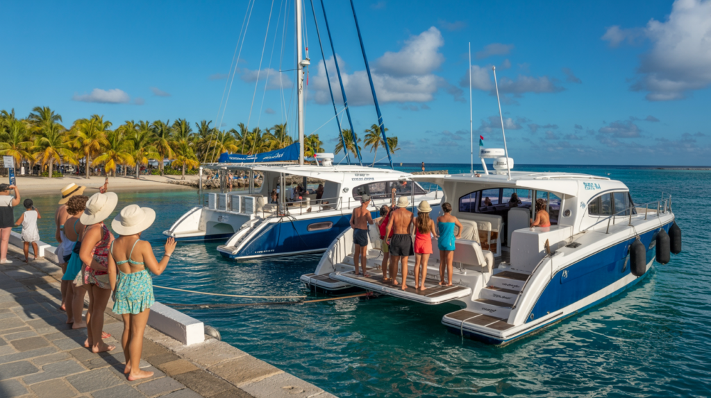 Tourists boarding a catamaran for Punta Cana to Saona Island.