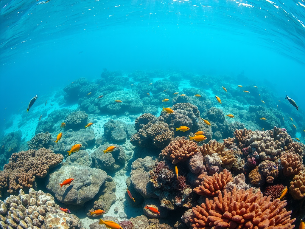 A vibrant underwater scene featuring colorful coral reefs and various tropical fish swimming in clear blue waters.