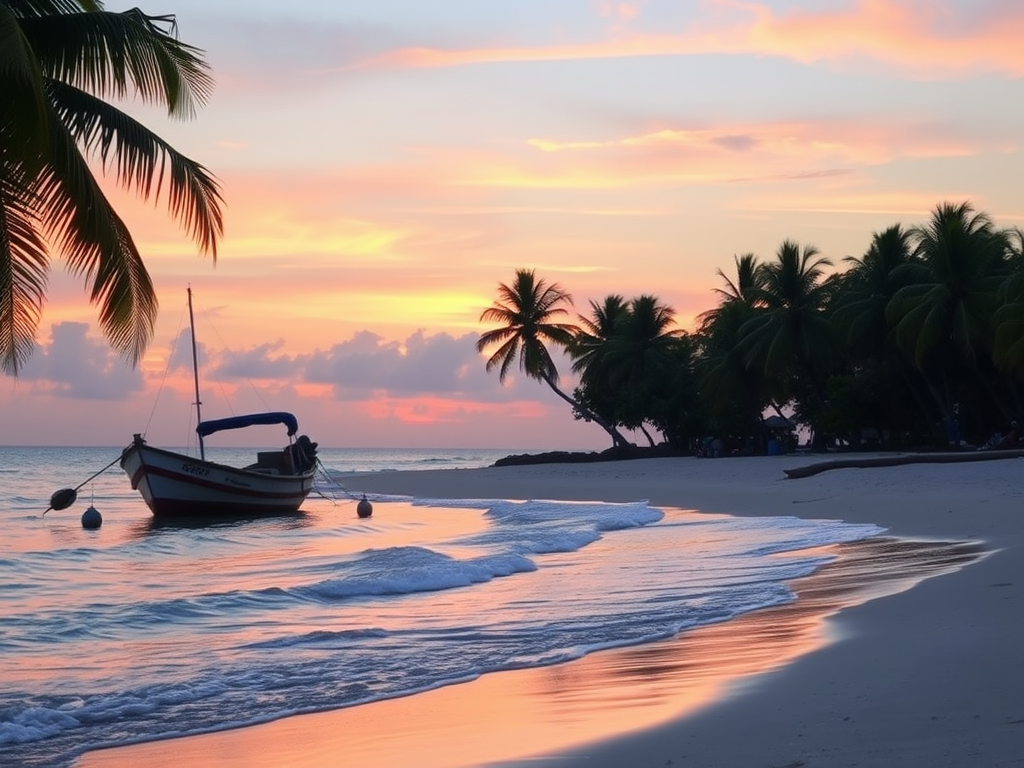 A sunset beach scene with an anchored boat and palm trees.