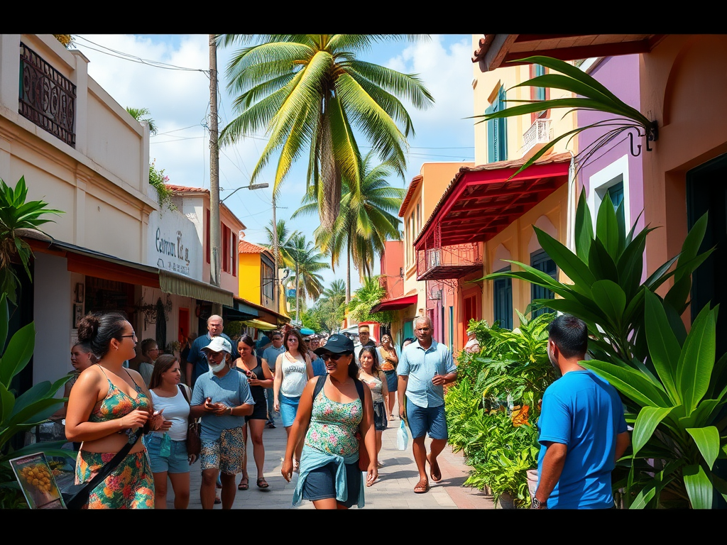 A lively street scene in Punta Cana with locals and tourists walking among colorful buildings and palm trees.