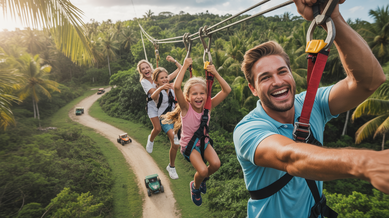 Visitors enjoying various activities at Bavaro Adventure Park, surrounded by lush greenery and stunning views.