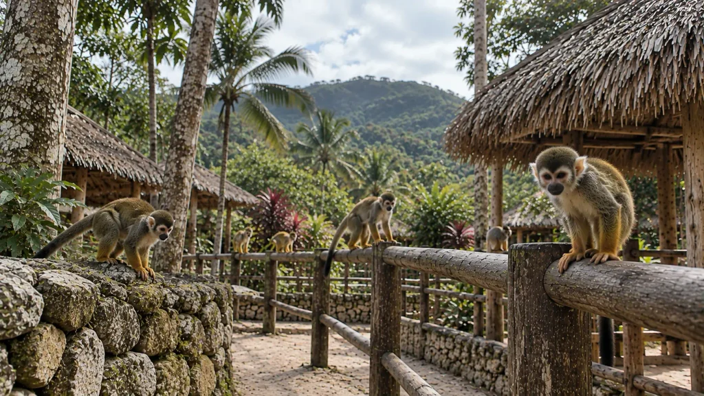 Squirrel monkeys at Monkey Land Punta Cana in a lush tropical wildlife sanctuary