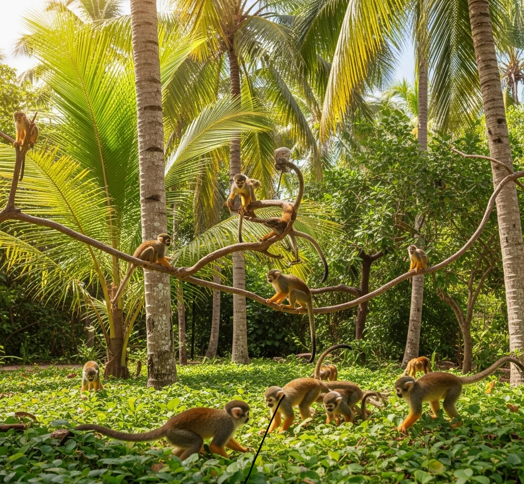 Squirrel monkeys playing in lush greenery at Monkey Land Punta Cana.