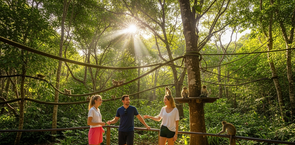 Sunlight streams through trees as tourists interact with monkeys at Monkey Land.