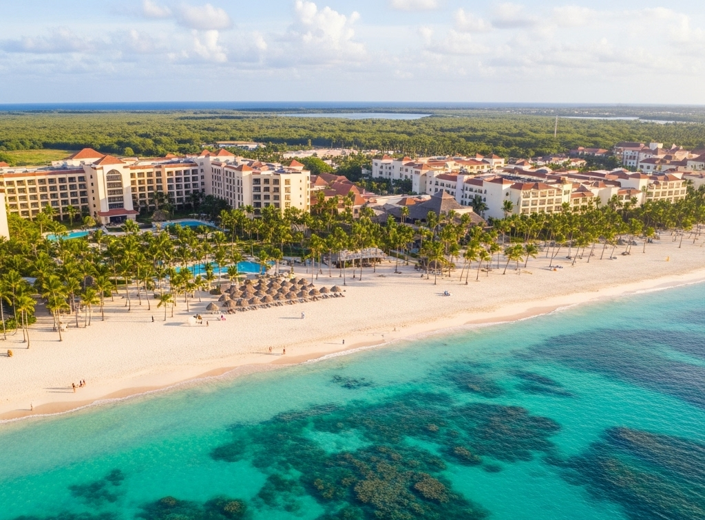 Aerial view of a resort along a sandy beach with palm trees and clear turquoise waters.