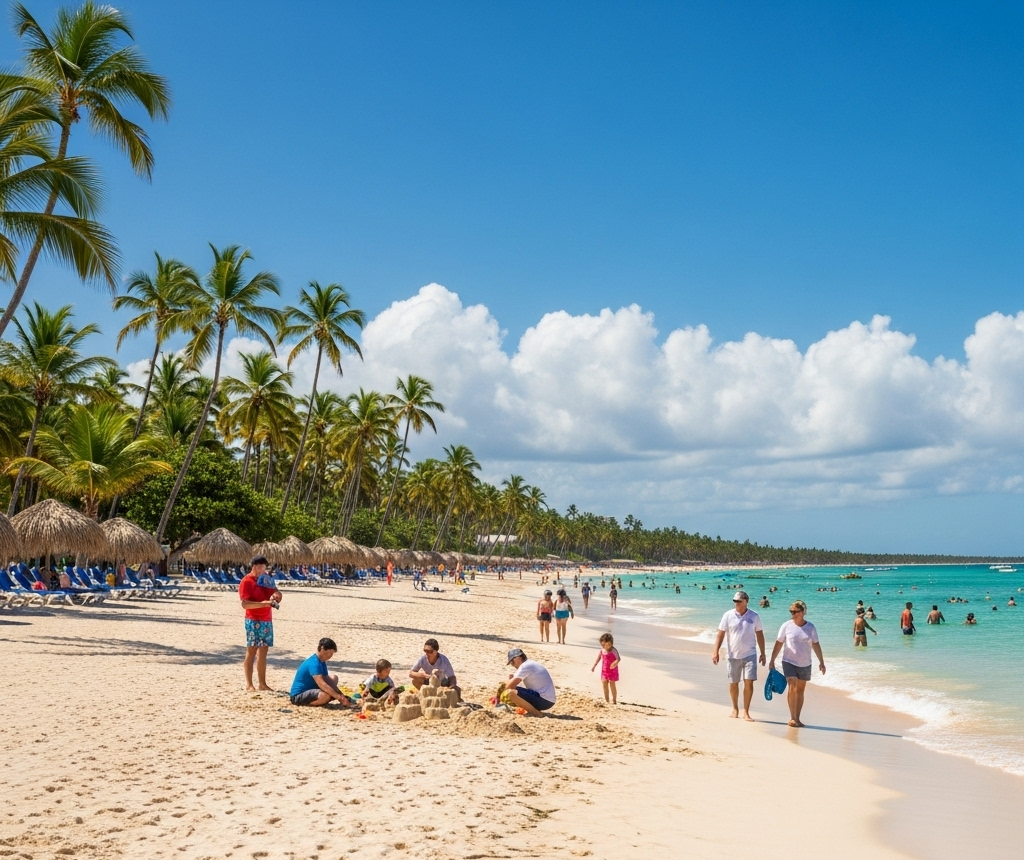 Families and tourists enjoying a sunny beach day, building sandcastles and walking along the shore.