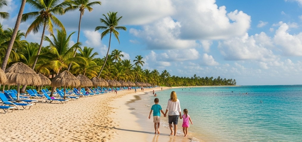 Family walking along a beautiful beach in Punta Cana, perfect for exploring the best time to visit Punta Cana.