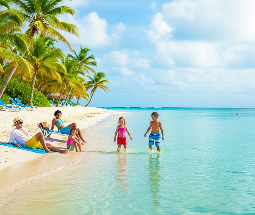 Family enjoying a sunny day on the beach in Punta Cana.