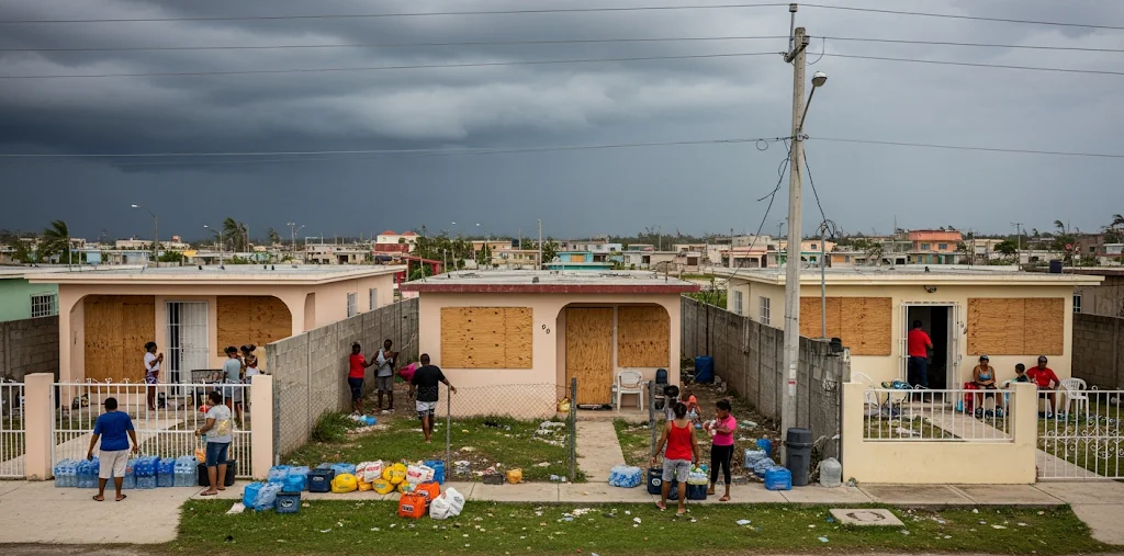 Residents preparing for stormy weather in boarded-up homes during hurricane season Dominican Republic.