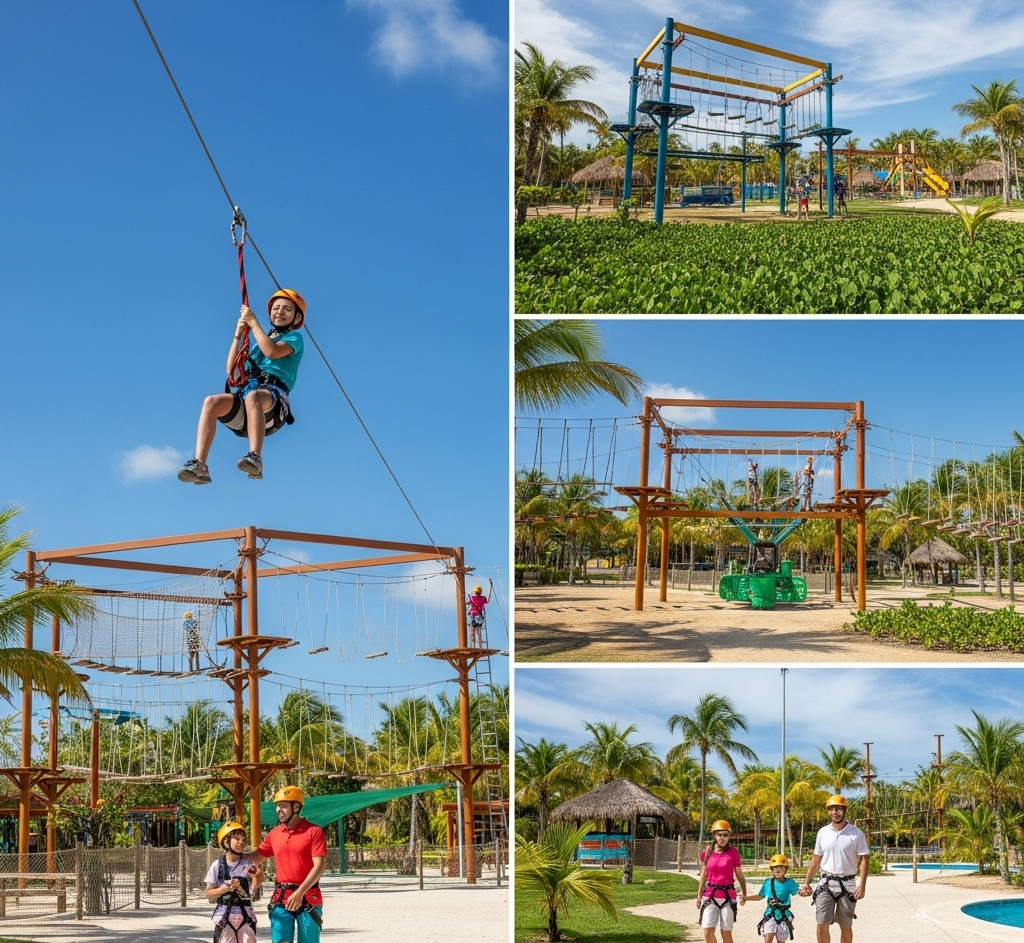 Children and families enjoying zip lines and obstacle courses at Bavaro Adventure Park, set in a tropical landscape.