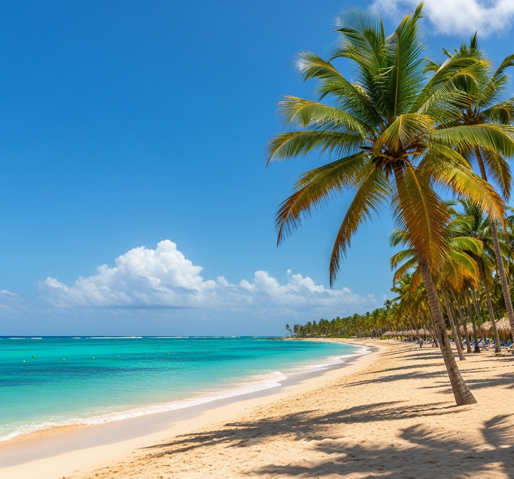 A serene beach with palm trees lining the shore and turquoise waters under a clear blue sky.