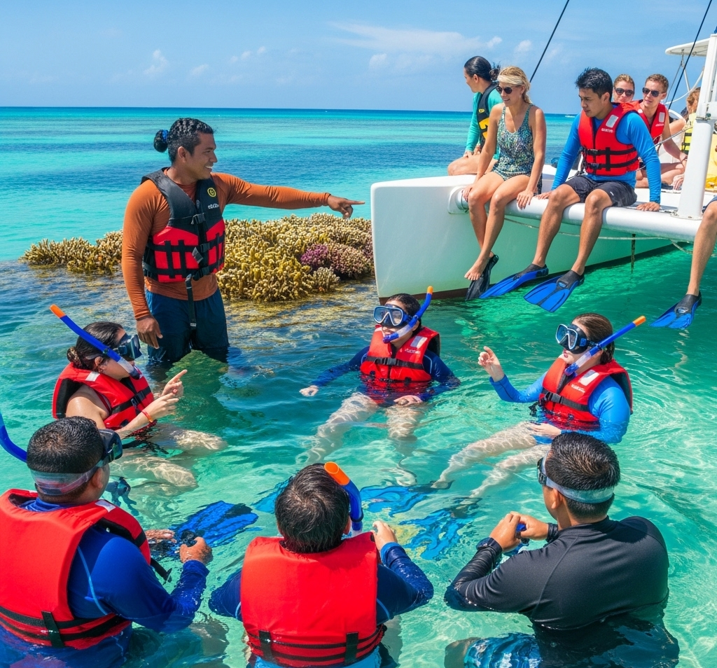 A snorkeling group receiving instructions from a guide in clear waters near coral reefs.