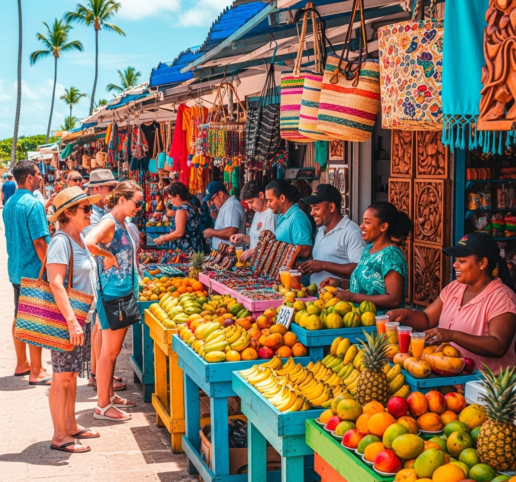 Colorful market scene with people shopping for fresh fruits and handmade goods.