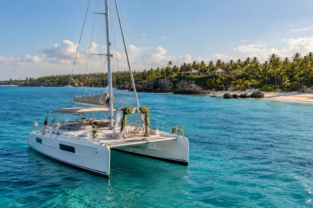 White catamaran decorated for a romantic ceremony in turquoise Punta Cana waters, representing a Catamaran Wedding Punta Cana.