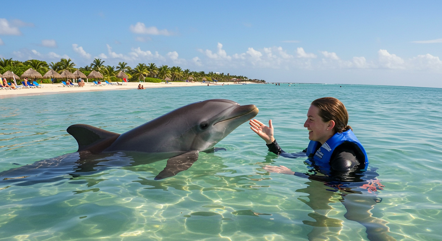 Swim with dolphins Punta Cana as a trainer interacts with a dolphin in crystal-clear waters.