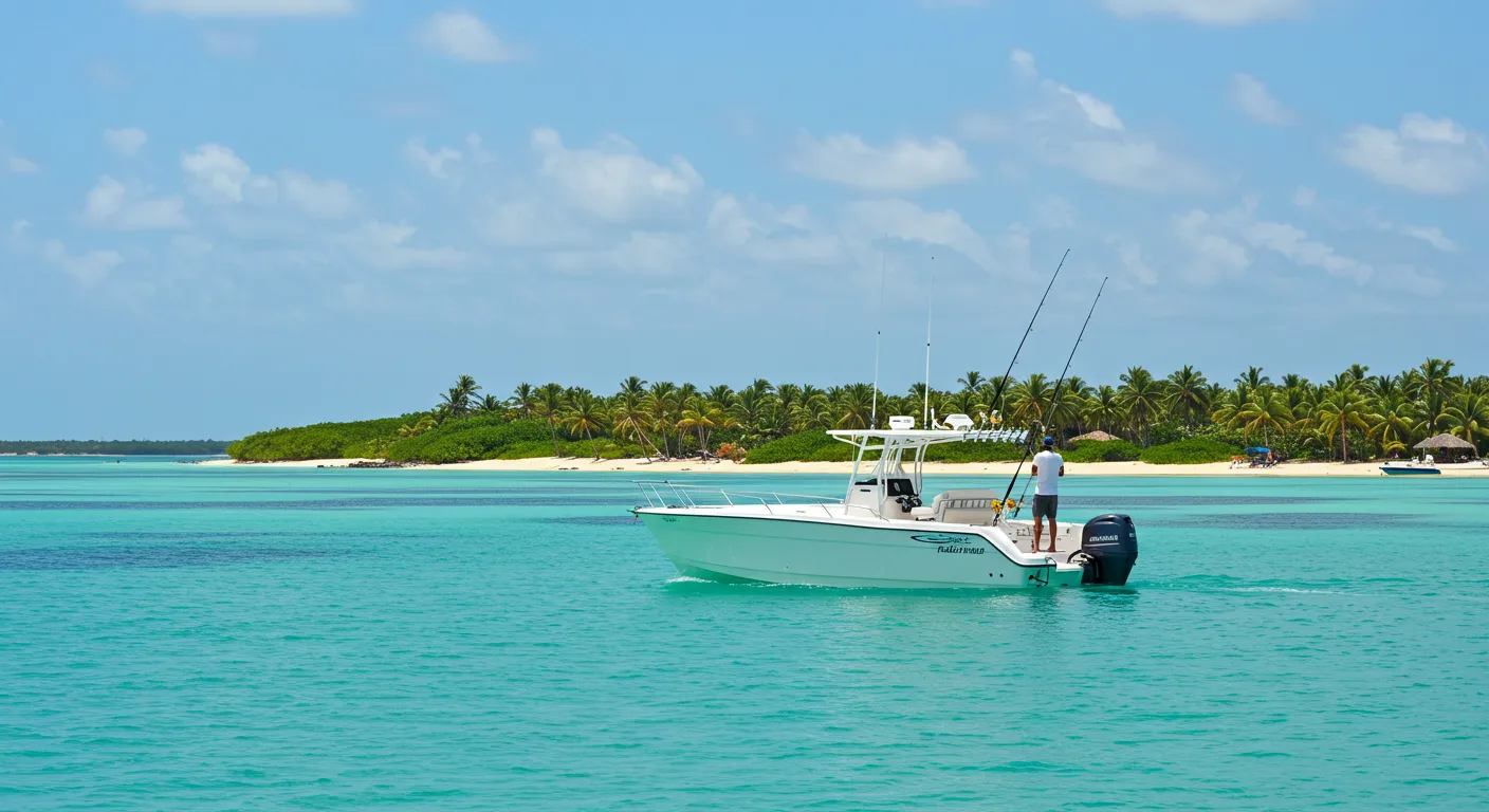 Punta Cana fishing excursions on a boat in turquoise waters near a tropical island.