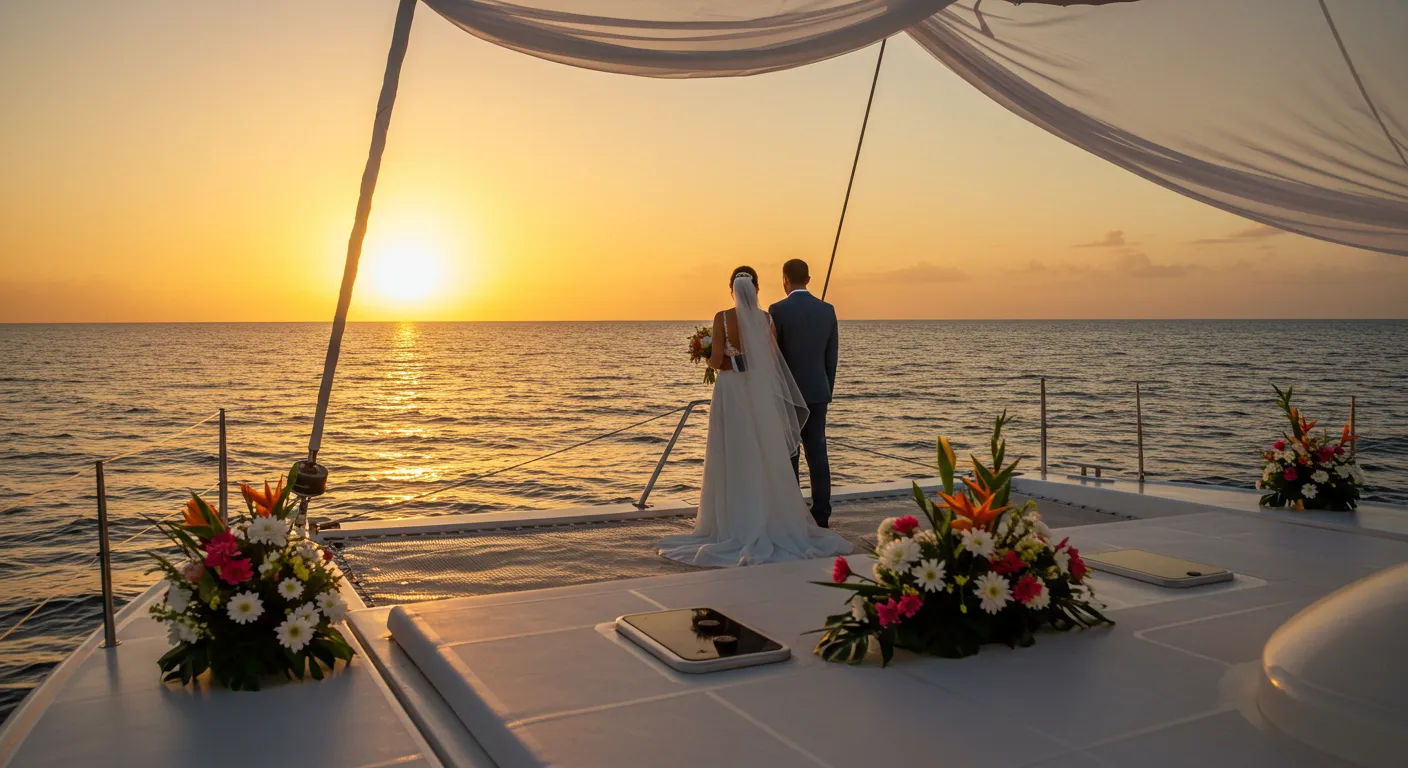 Catamaran wedding Punta Cana with a couple watching the sunset, surrounded by floral arrangements.